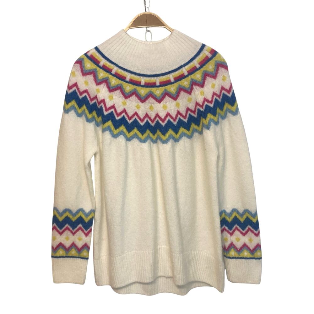 Vince Camuto Ivory Pink Blue Yellow Fair Isle Cozy Winter Knit Sweater Medium